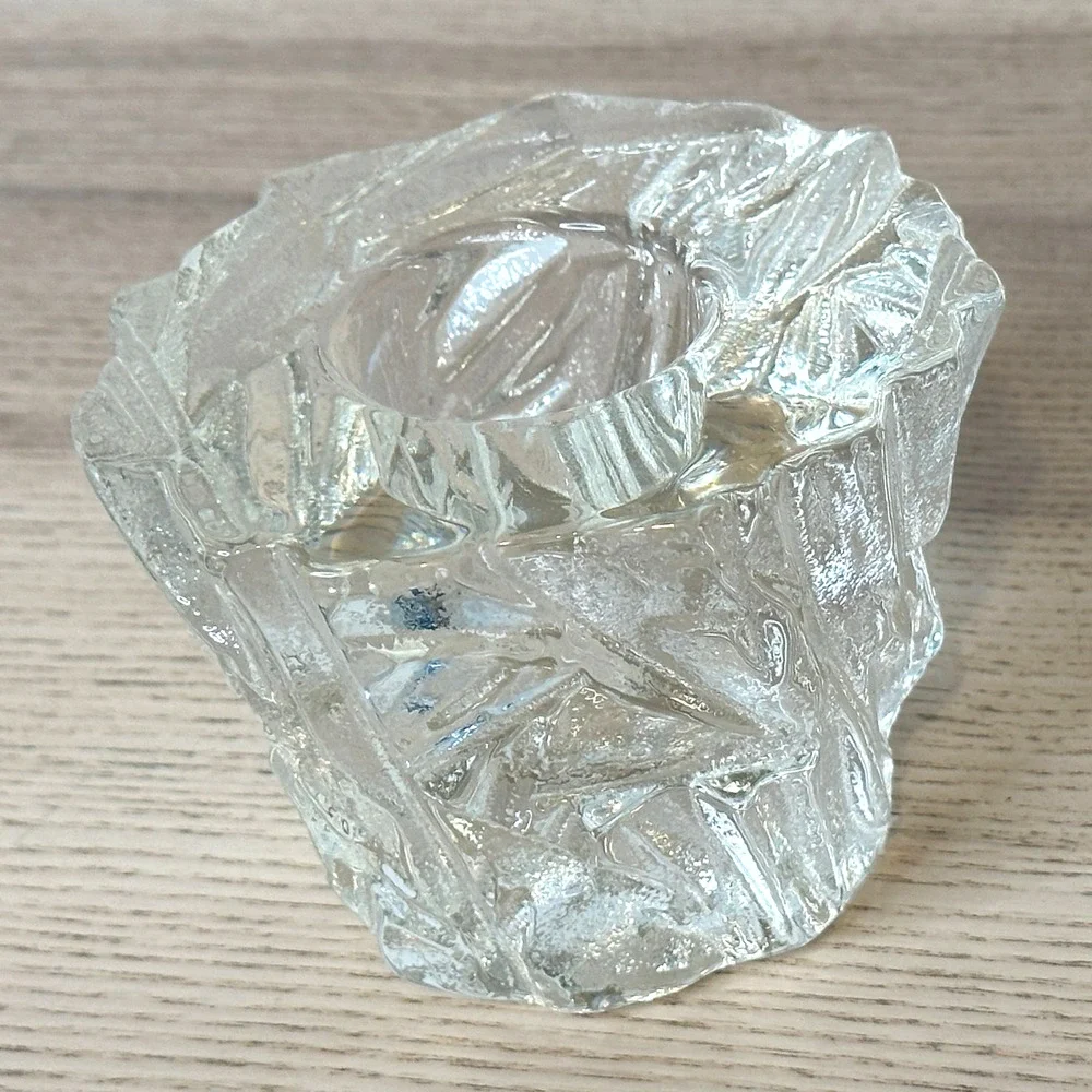 Orrefors Sweden Iceberg Glass Votive Candle Holder Signed Heavy Modern Decor